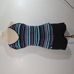 Shein Stripe Tankini Boyshort Black & Blue Swimsuit XLarge